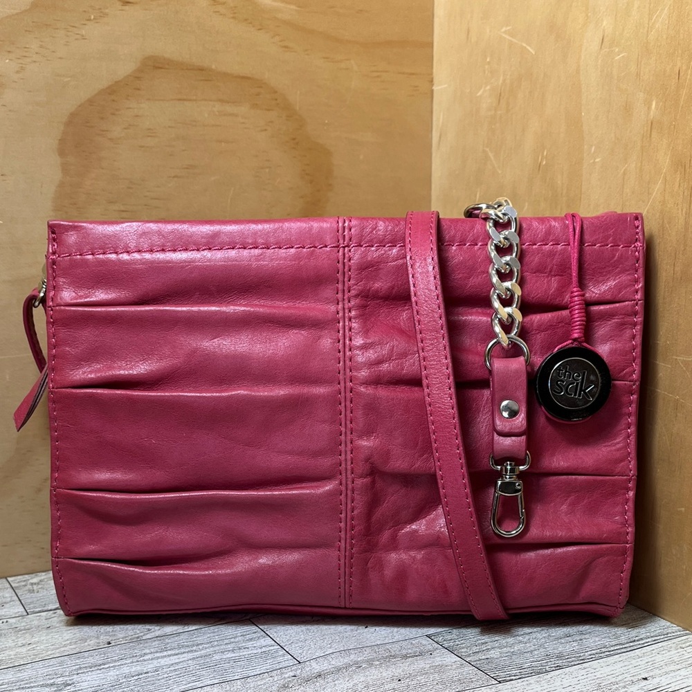 Preowned the Sak Charleston Leather Pleated Demi Clutch Watermelon Crossbody
